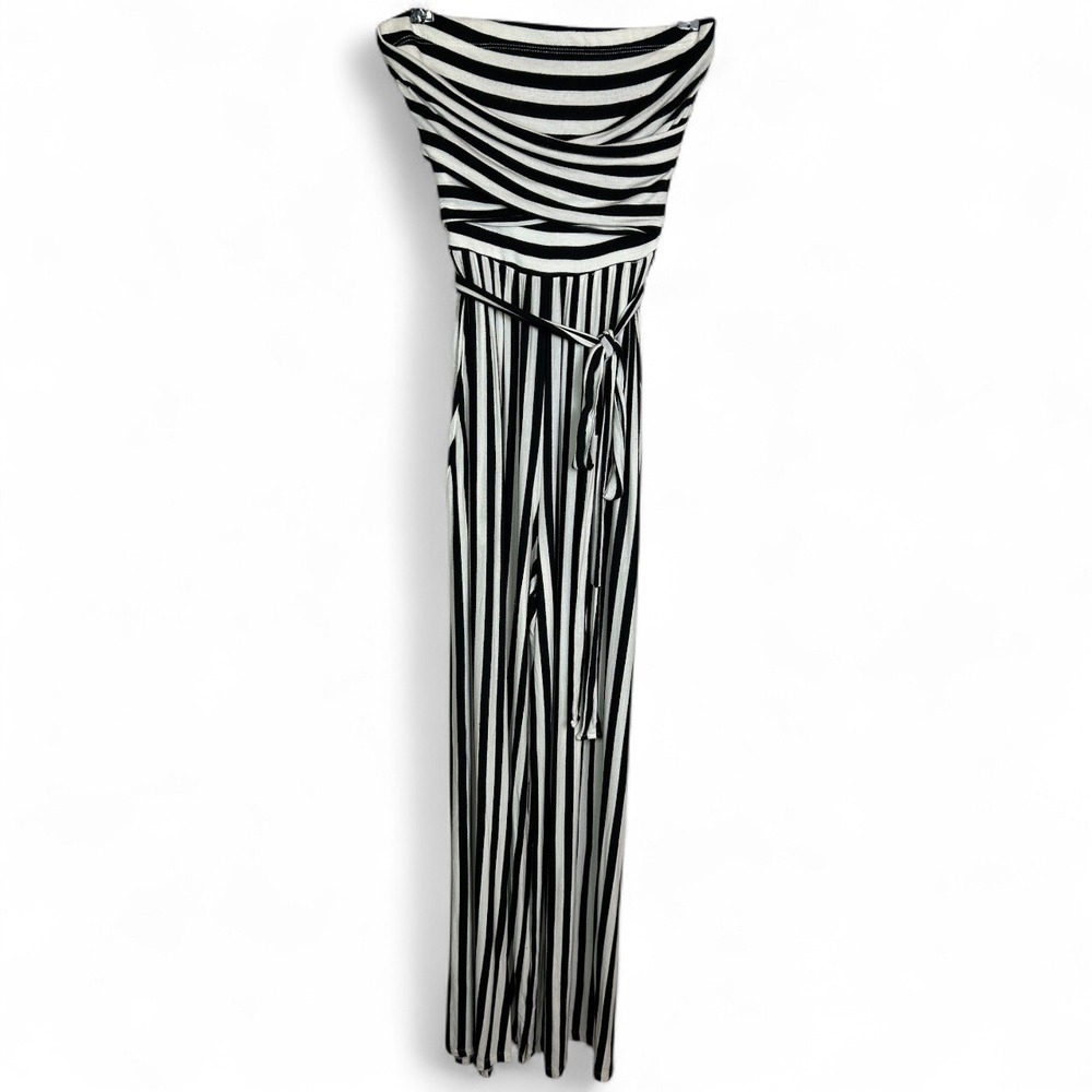 Meek Black White Striped Jumpsuit Small Strapless Wide Leg Tie Waist Flowy